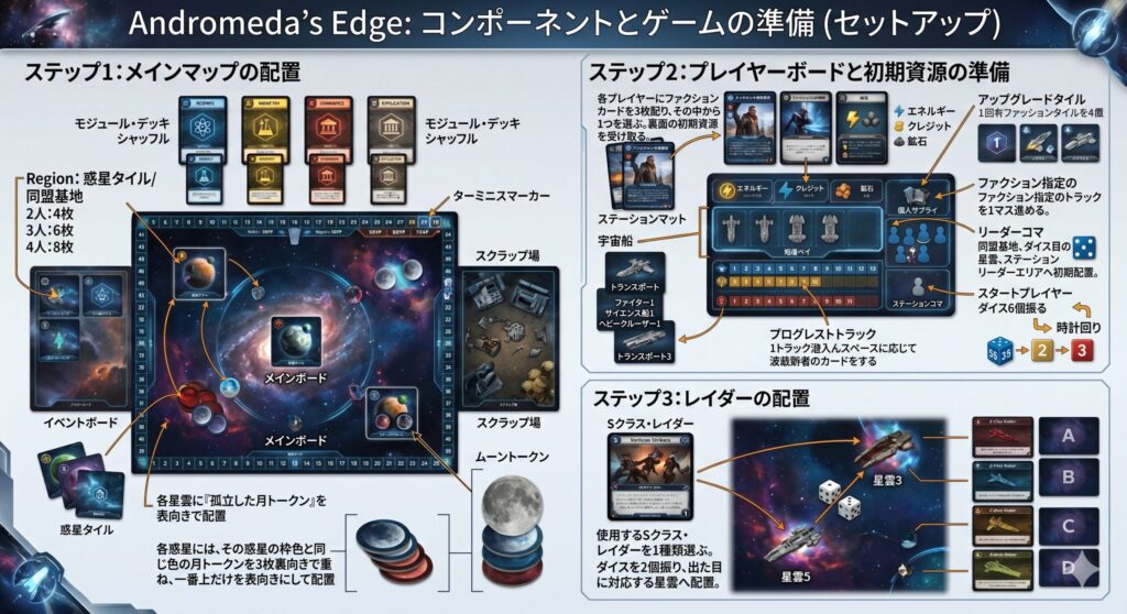 Andromeda's Edg コンポーネントとゲームの準備（セットアップ）